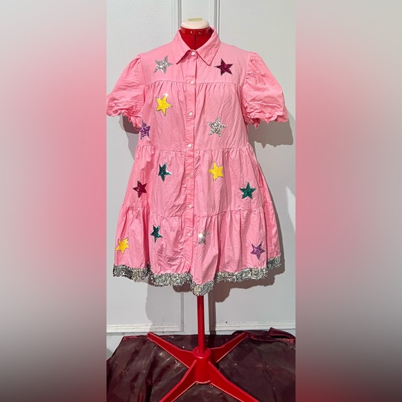 Peach Love California Dresses & Skirts - Peach Love California Pink Baby Doll Dress Sequin patches & sequin hem sz L